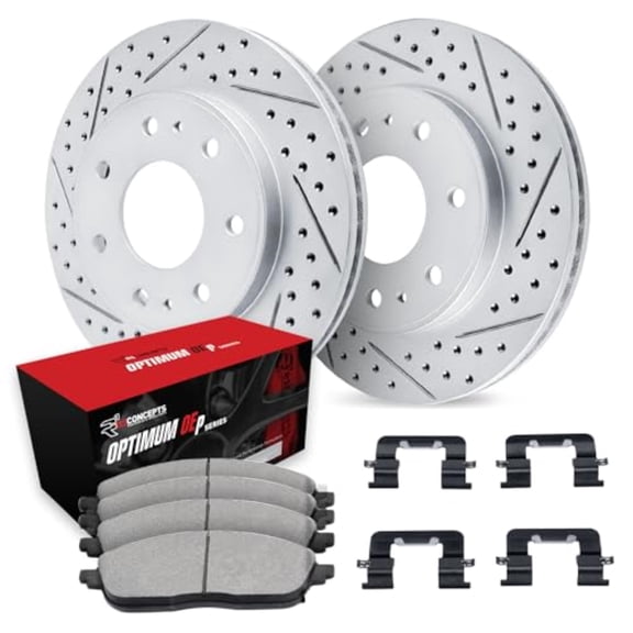 R1 Concepts Drilled and Slotted Carbon Coated Disc Brake Rotor Set with Optimum Oe Pads and Hardware WBUH1-54584