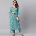 thumbnail image 3 of Janasya Indian V-Neck 3/4 Sleeve Striped Turquoise Cotton Kurta With Pant And Dupatta For Women, 3 of 9