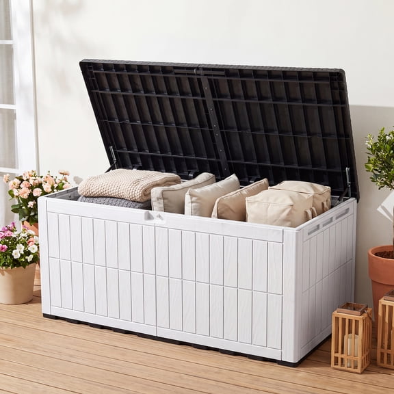 Uforic XXL 240 Gallon Waterproof Resin Deck Box, Lockable 3-Person Outdoor Storage Bench for Patio Cushions, Garden Tools & Pool Supplies