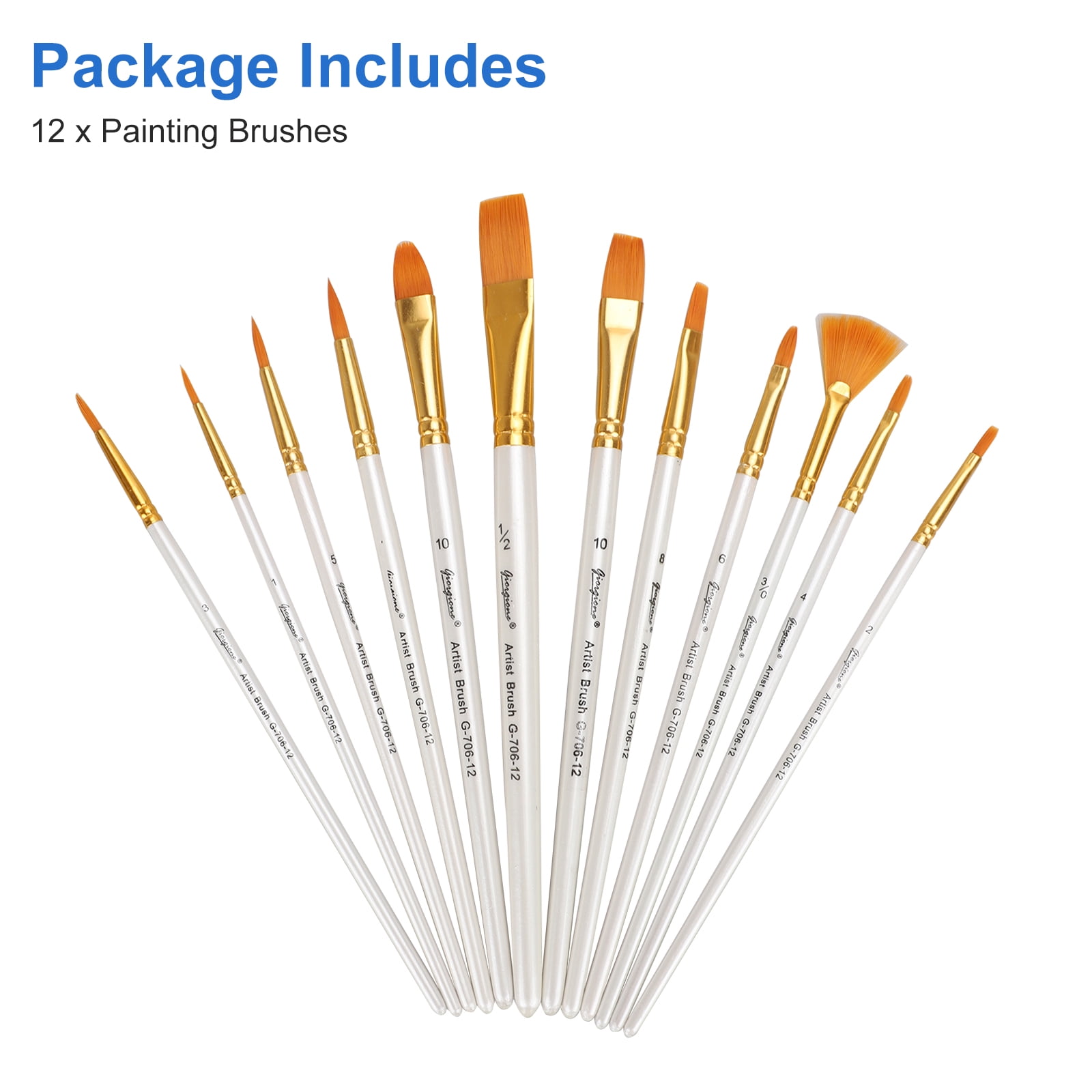 Jerry Q Art 12 PC Brown Synthetic Hair Round and Flat Paint Brush Set with  Short Wood Handles for Acrylic, Watercolor and All Media JQ59831
