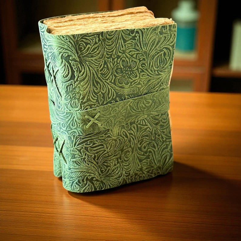 Handmade Green Leather Journal with Floral Embossing – 5x7 Inch Vintage Notebook, 200 Pages of Handmade Paper, Wrap Closure – Writing, Sketching & Gift Diary