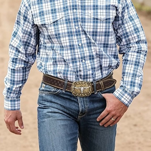 Unisex Western Punk Single‑Row Belt, Rivet‑Trimmed Faux Leather Strap, Retro Cowboy Embossed Motifs, Adjustable Fit for Festival & Daily Jeans Outfits, Belts Y2K Coffee 120