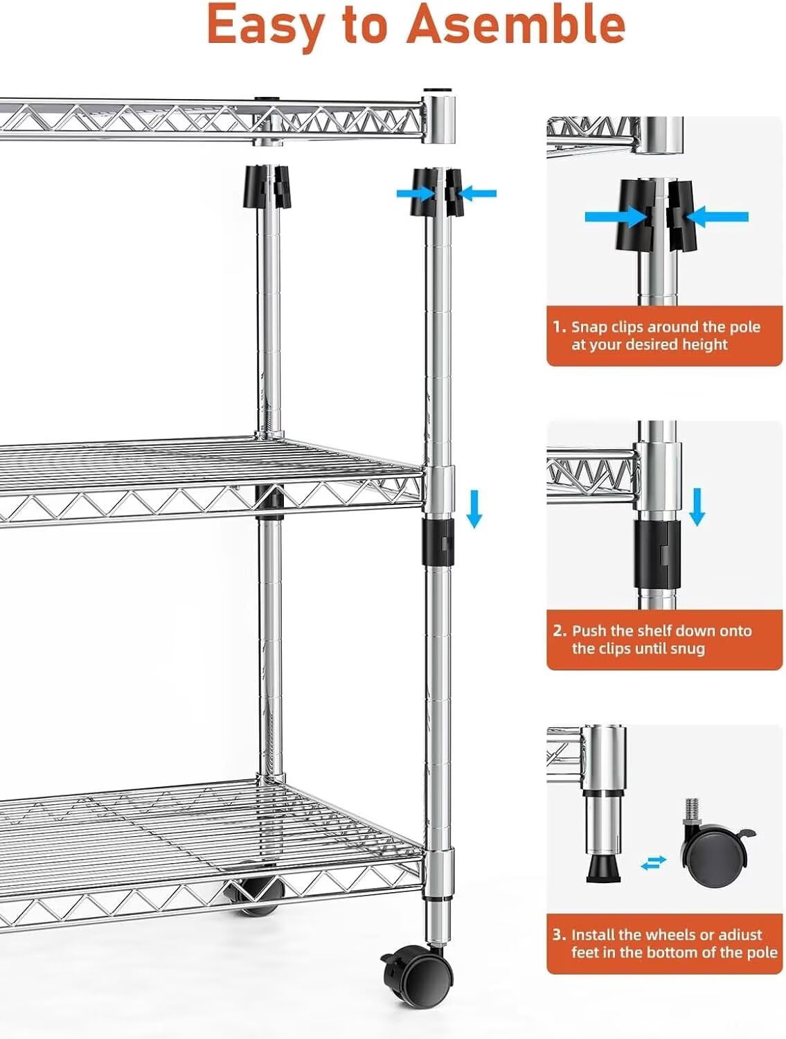 QUIOCOZY Heavy Duty 3-Tier Wire Storage Shelf, 750 lbs Capacity Metal Shelving Unit for Kitchen, Pantry, and Garage, 24" x 14" x 22", Chrome