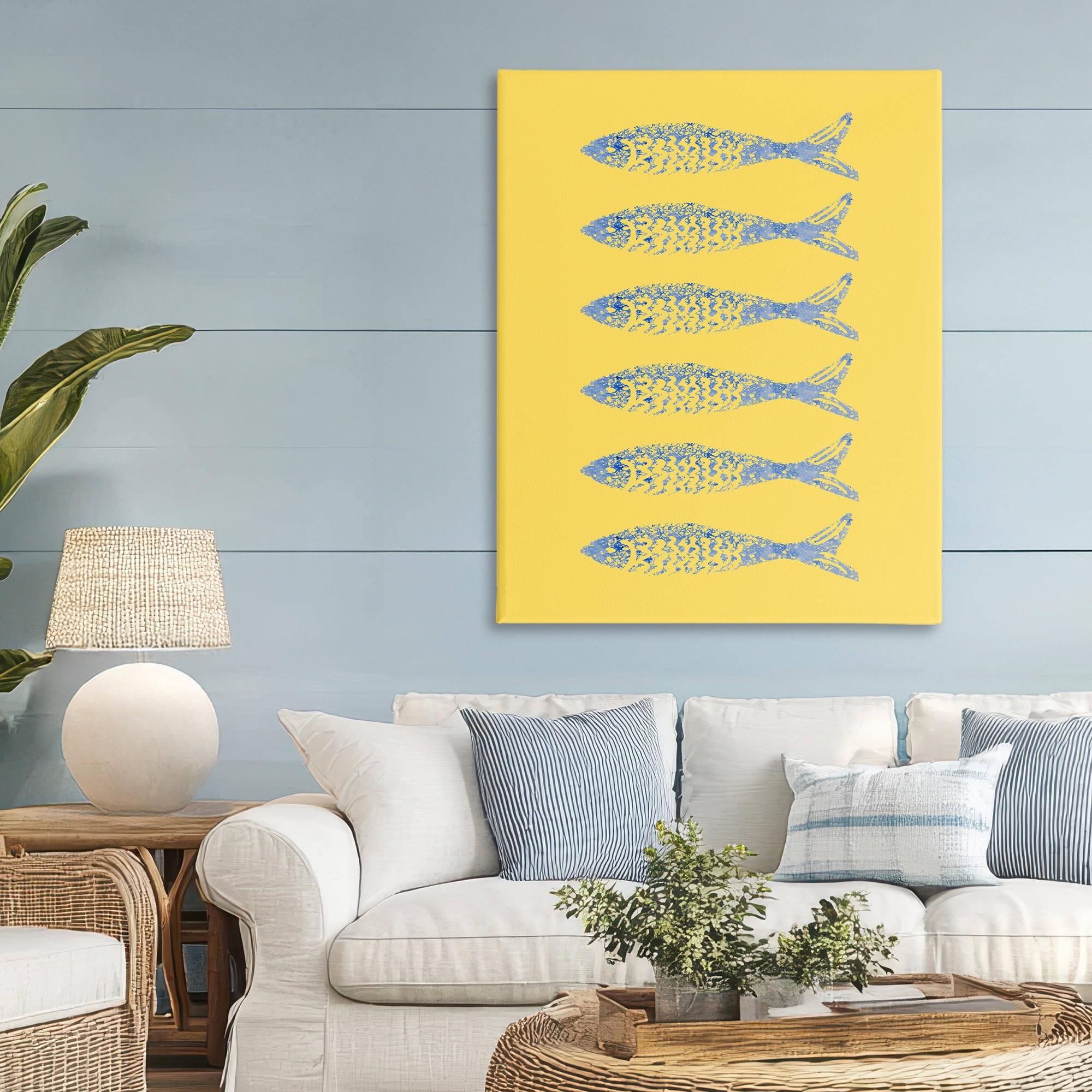 Stupell Industries Sardine Stamps on Yellow Canvas Wall Art, design by Julie DeRice