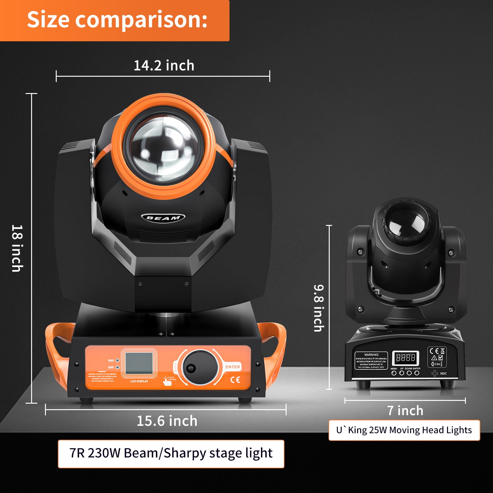 2pcs 7R 230W DJ Lights with Flight Case, 8 Prisms Beam Sharpy Moving Head Lights, 17 Gobos 14 Colours RGBW LED Disco Party Stage Lights for Weddings Christmas,Orange
