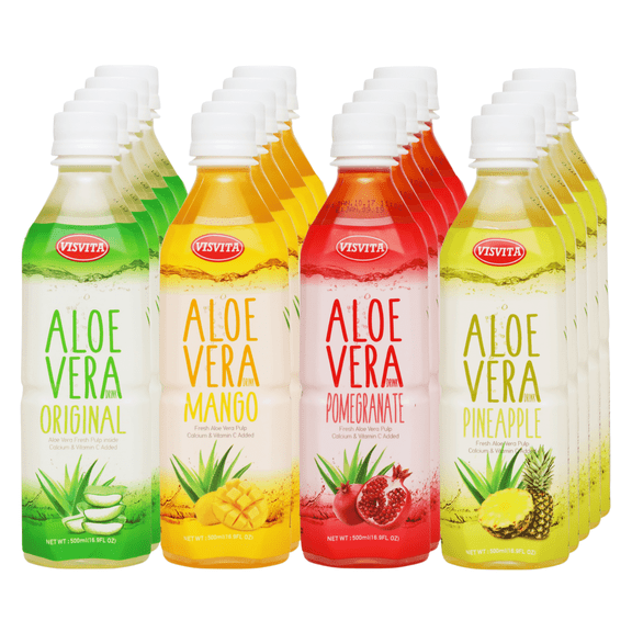 VISVITA Aloe Vera Juice Drink with Real Pulp, Variety Pack, Original, Mango, Pineapple & Pomegranate, 16.9 fl oz, 20 Pack
