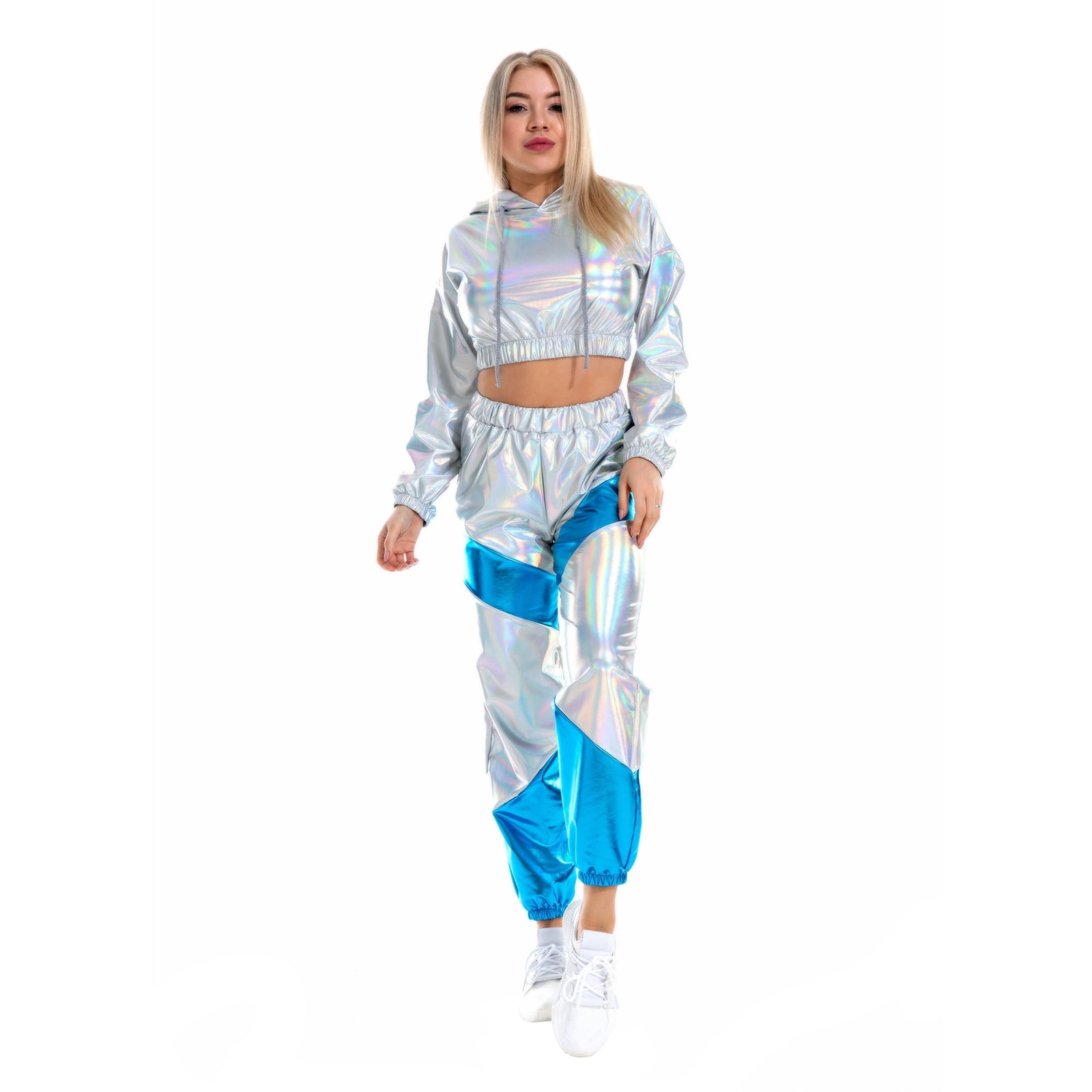IBTOM CASTLE Women's Rave Outfit Shiny Crop Top Hoodie Casual Long Pants Hooded Workout Sweatshirt Dance Clubwear XXL Holographic Silver + Blue