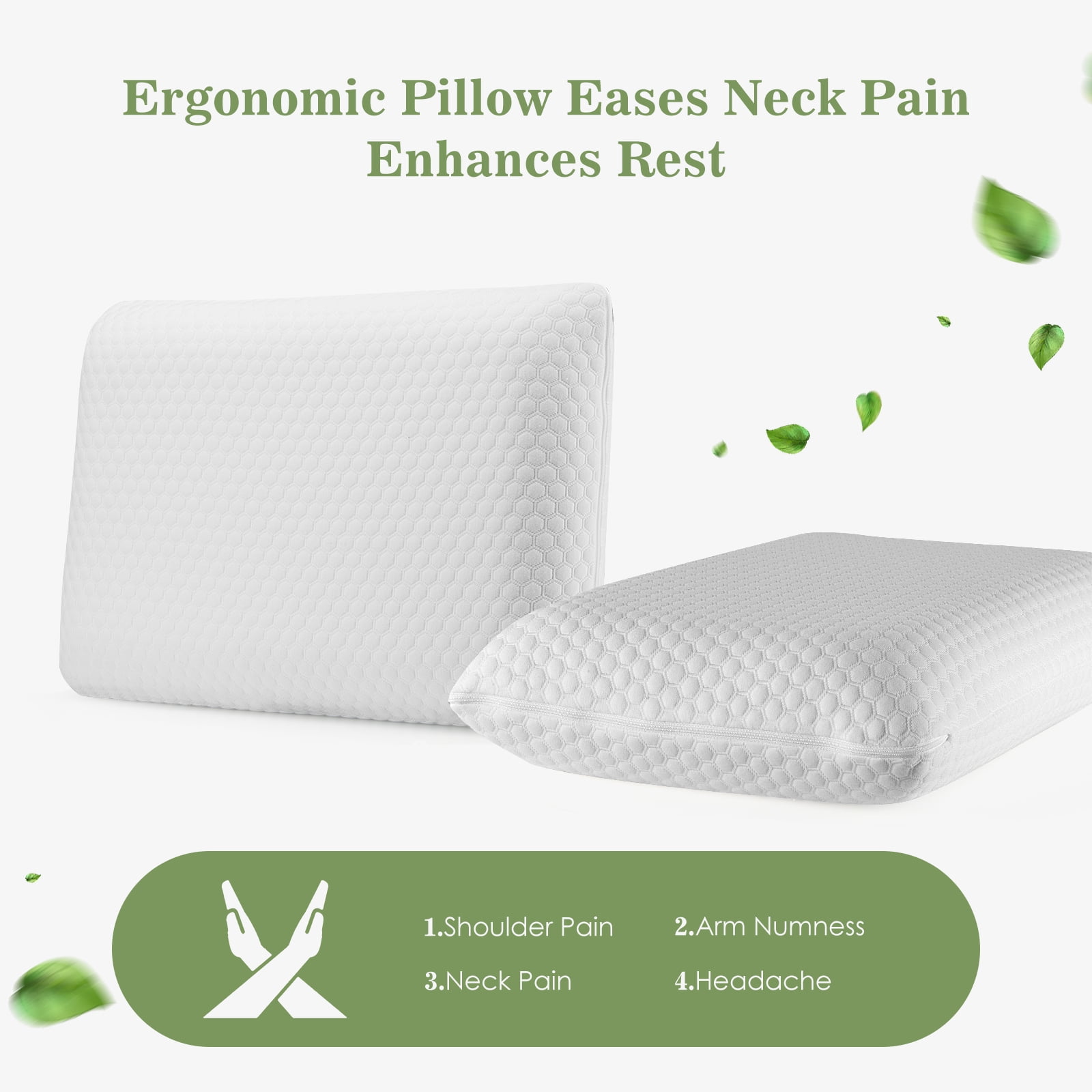 GIANNA Memory Foam Pillow for Sleeping, Standard Size(24" x 16" x 4.7"), Ergonomic Design, Soft and Supportive for Neck and Back Pain Relief, Washable Cover, 2 Pack