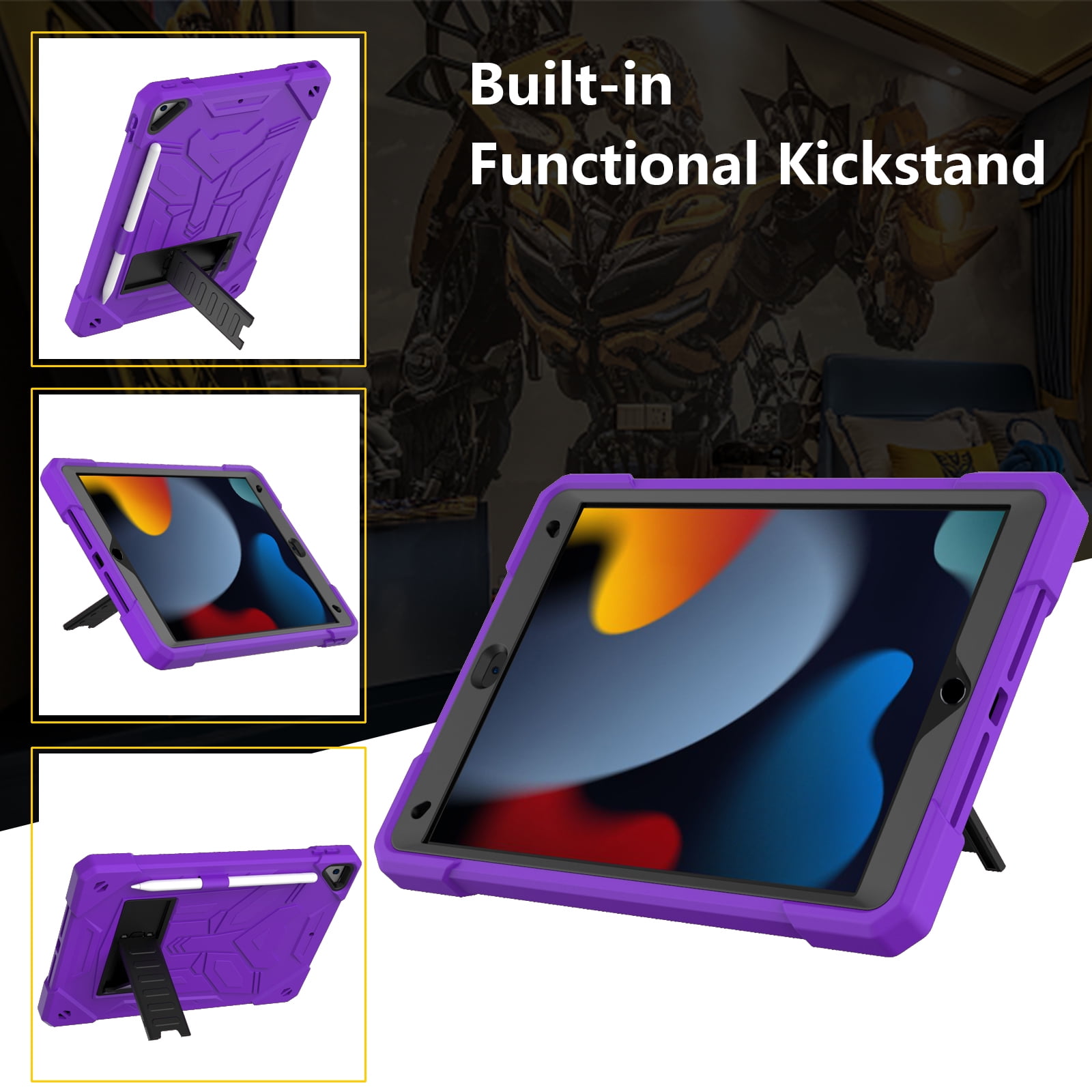 ELEHOLD Hybrid Rugged Case for iPad 9th/8th/7th Gen 10.2 2021/2020/2019, Heavy Duty Shockproof Case with Hidden Foldable Kickstand Adjustable Crossbody Shoulder Strap Pencil Holder,Purple