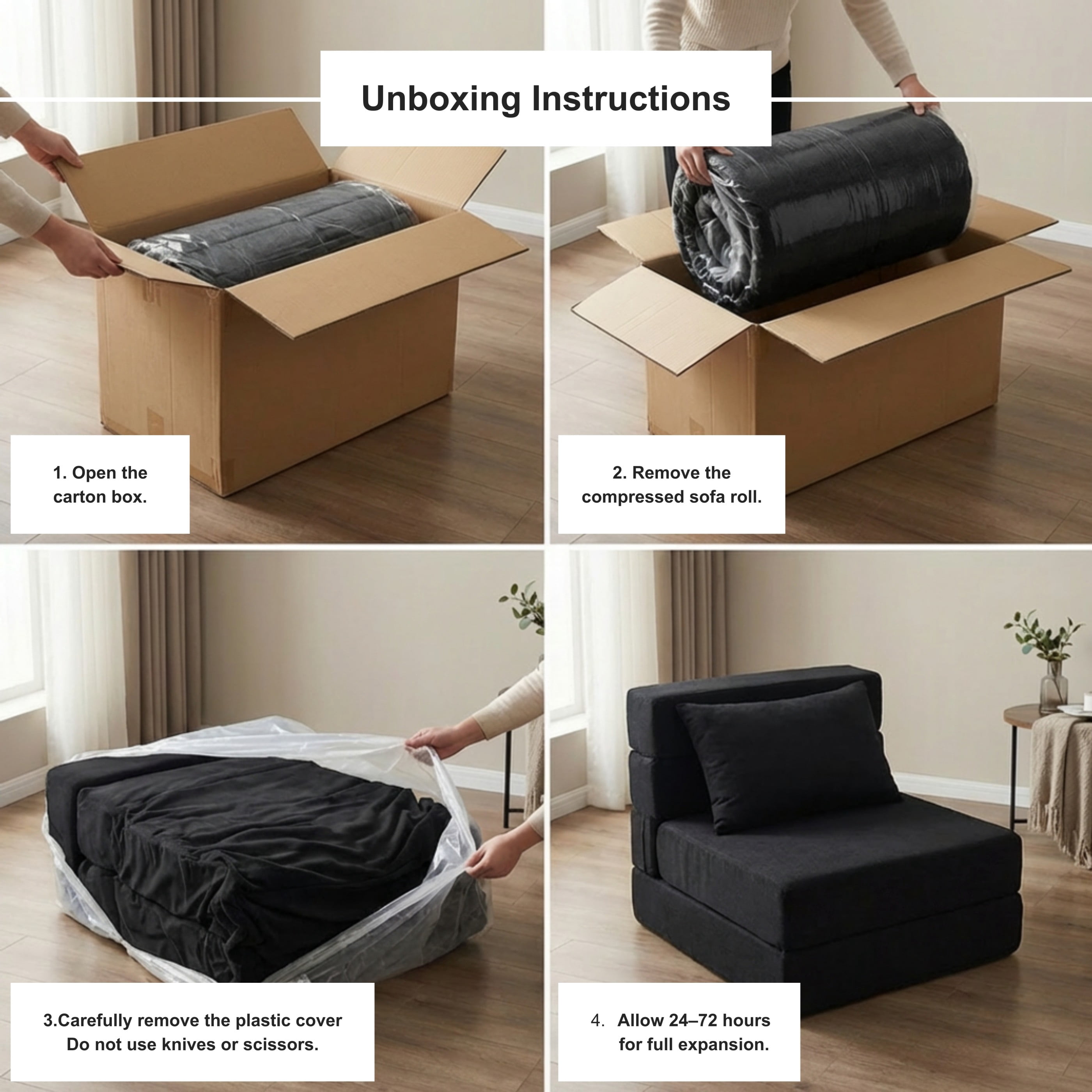 Oak and Birch 3-in-1 Folding Floor Sofa Bed, Convertible Floor Sofa to Chaise & Sleeper with Lumbar Pillow for Apartment, Dorm & Small Spaces, Chenille, Black
