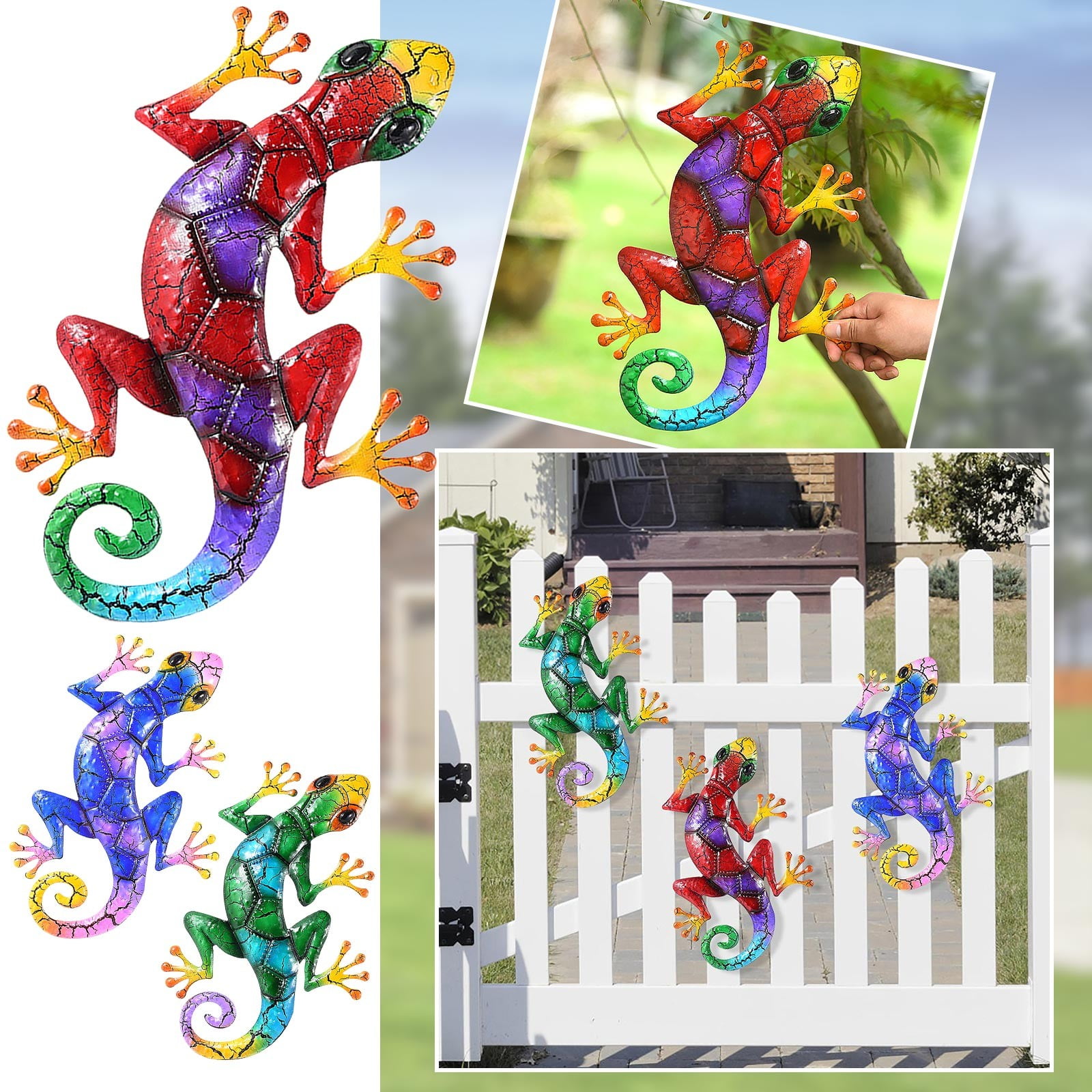QWY Metal Gecko Outdoor Wall Art Handmade Glass Garden Decor for Patio