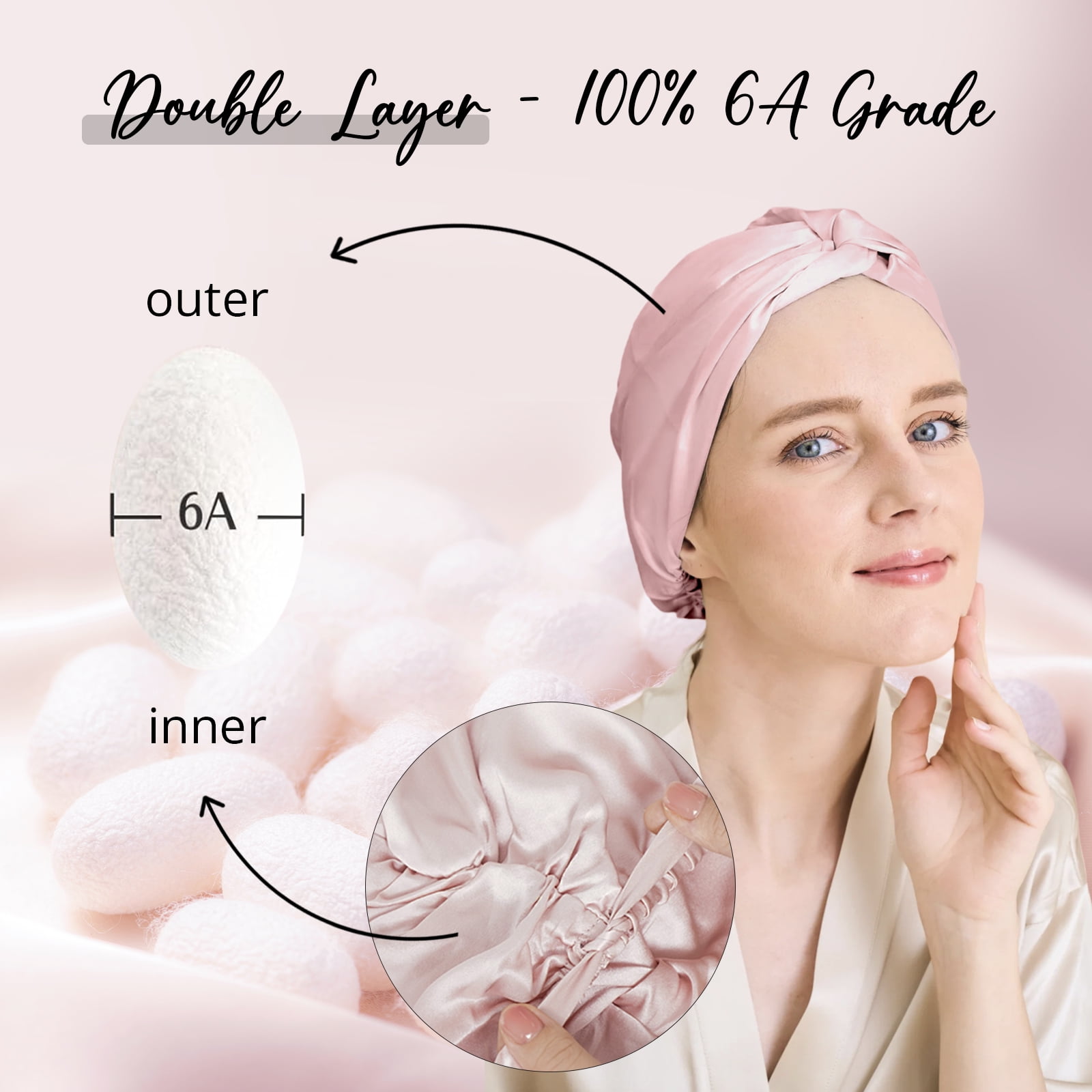 WIGI 100% Mulberry Silk Bonnet with Scrunchie Gift for Women, Silk Bonnet for Sleeping, Shower Cap Hair Bonnet, Silk Hair Wrap for Hair Care (100% Mulberry Silk (Bow design), Pink)