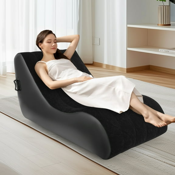 YIYIBUYS Black Inflatable Sofa Air Lounger PVC Flocking Fabric Folding Sofa Bed Blow Up Couch with Air Pump for Living Room, Bedroom, Office, Travel,Camping