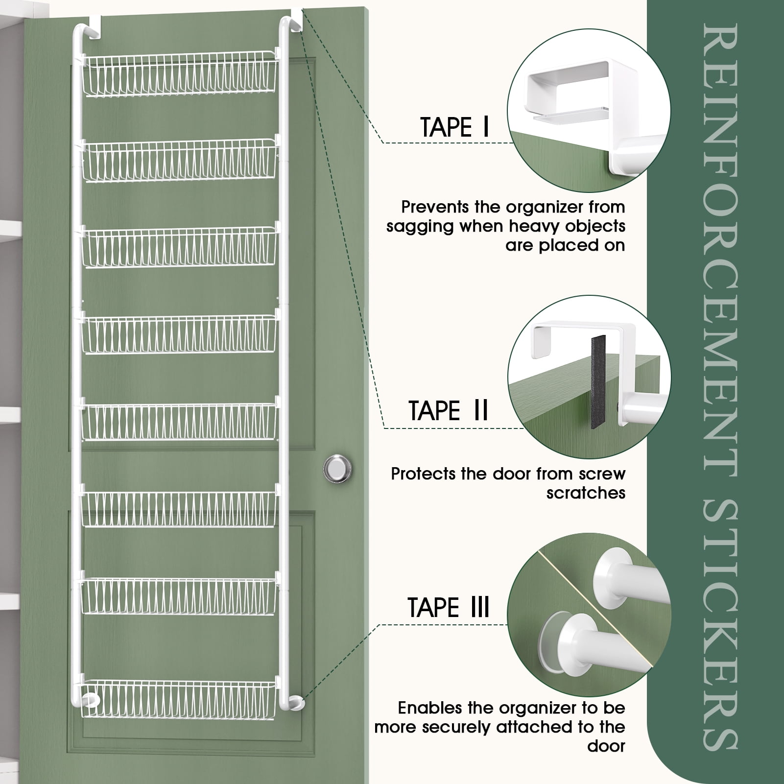 Yeabett 8-Tier Over the Door Pantry Organizer, Larger Baskets Metal Pantry Organization and Storage, Door Back Hanging Space Saver for Kitchen, Laundry, Bathroom, White