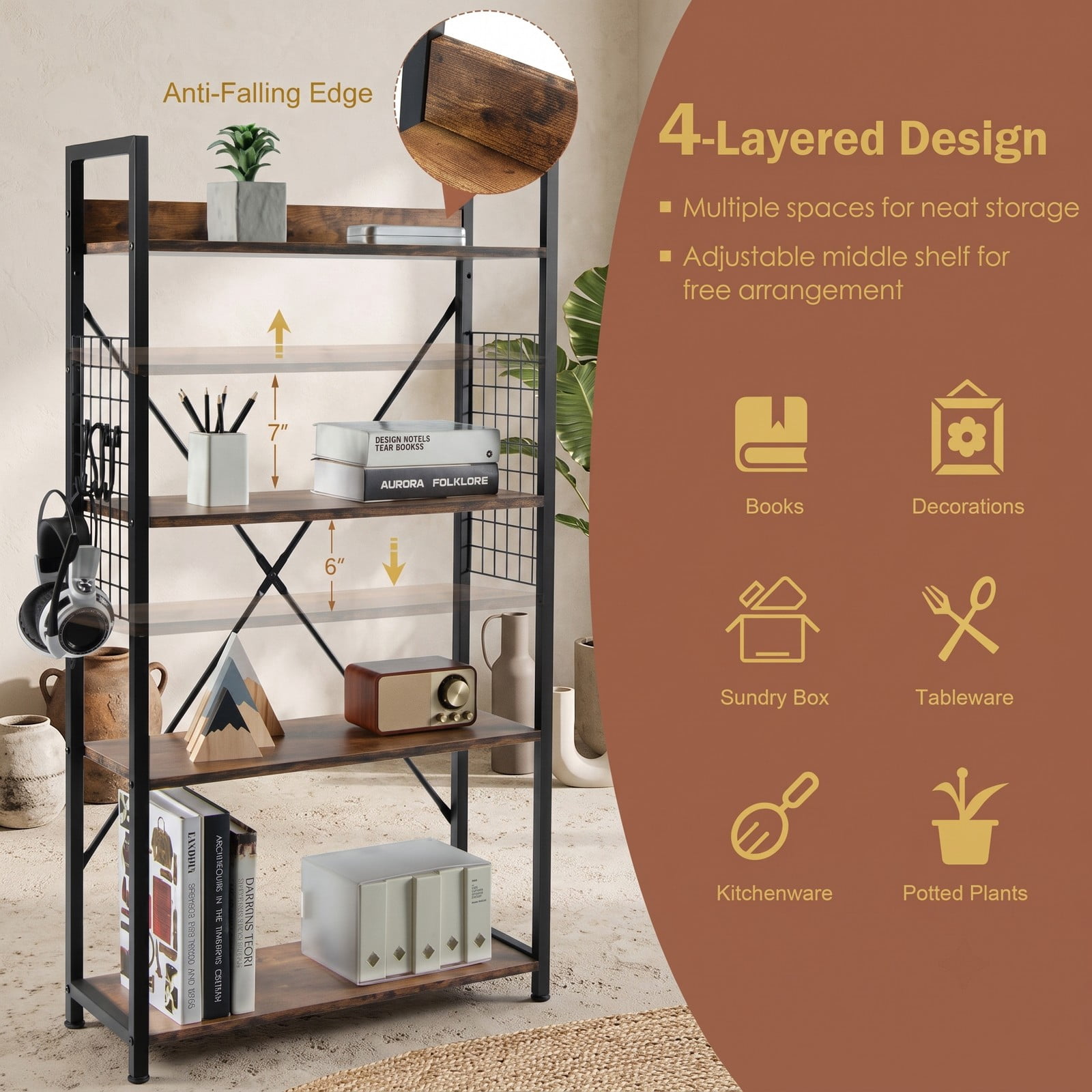 Furnibear 4-Tier Industrial Open Storage Bookshelf, Freestanding Wood Steel Bookcase Display Shelf with S-Hooks & Anti-Toppling Device for Living Room Office, Coffee