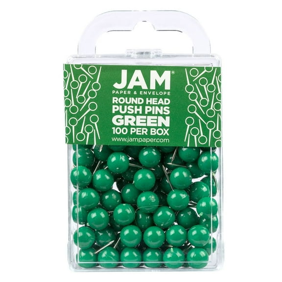 JAM Paper Colorful Push Pins, Round Head Map Thumb Tacks, Green Pushpins, 100/Pack