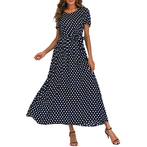 Pisexur Summer Dress for Women 2023 Casual T-Shirt Dress Wrap V Neck Short Sleeves Polka Dot Swing Boho Flowy Maxi Dresses Beach Cover up