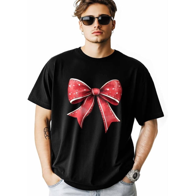 Men's T-Shirts, Christmas Red Bow Tie Crew Neck Tee Short Sleeve Soft Cotton Undershirt