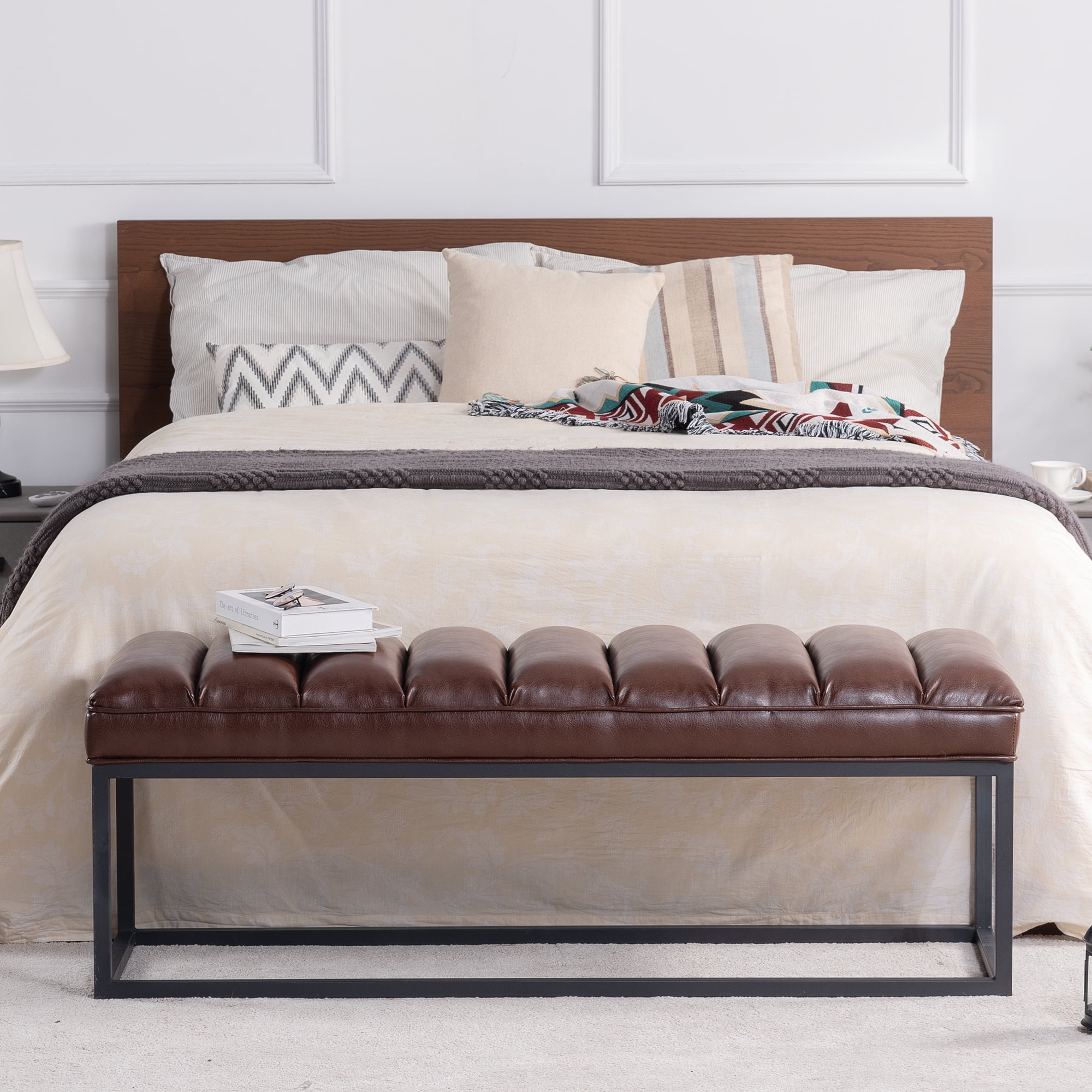 Kadyn Metal Base Upholstered Bench, PU Ottoman Bench for Entryway, Modern PU Bench for Bedroom, Dark Brown