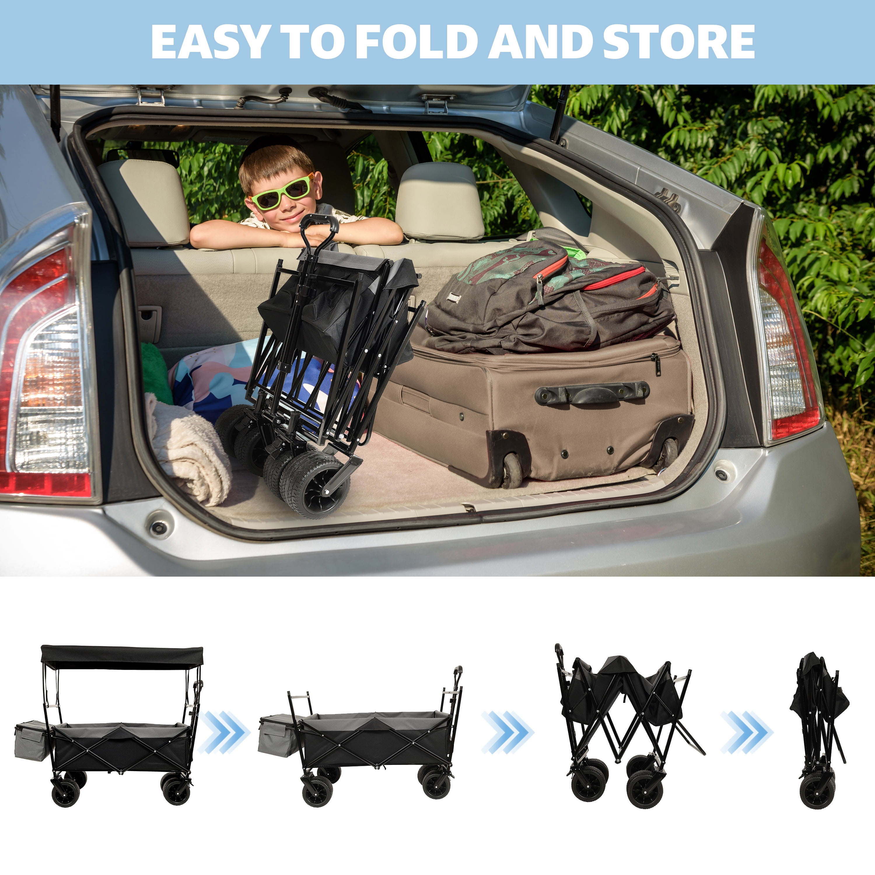 480Lbs Collapsible Wagon with Canopy,Wagon Stroller with 7" All-Terrain Wheels, Lightweight Foldable Wagon, Large Capacity for Camping, Shopping, Sports