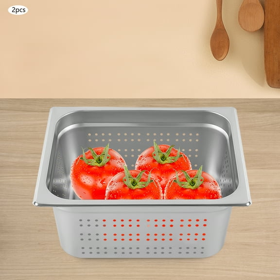 2-Pack 1/2 Size 6" Deep, Anti-Jam Perforated Stainless Steel Steam Table Pan, Hotel Pan 8.46Qt Capacity Perforated Steam Pans