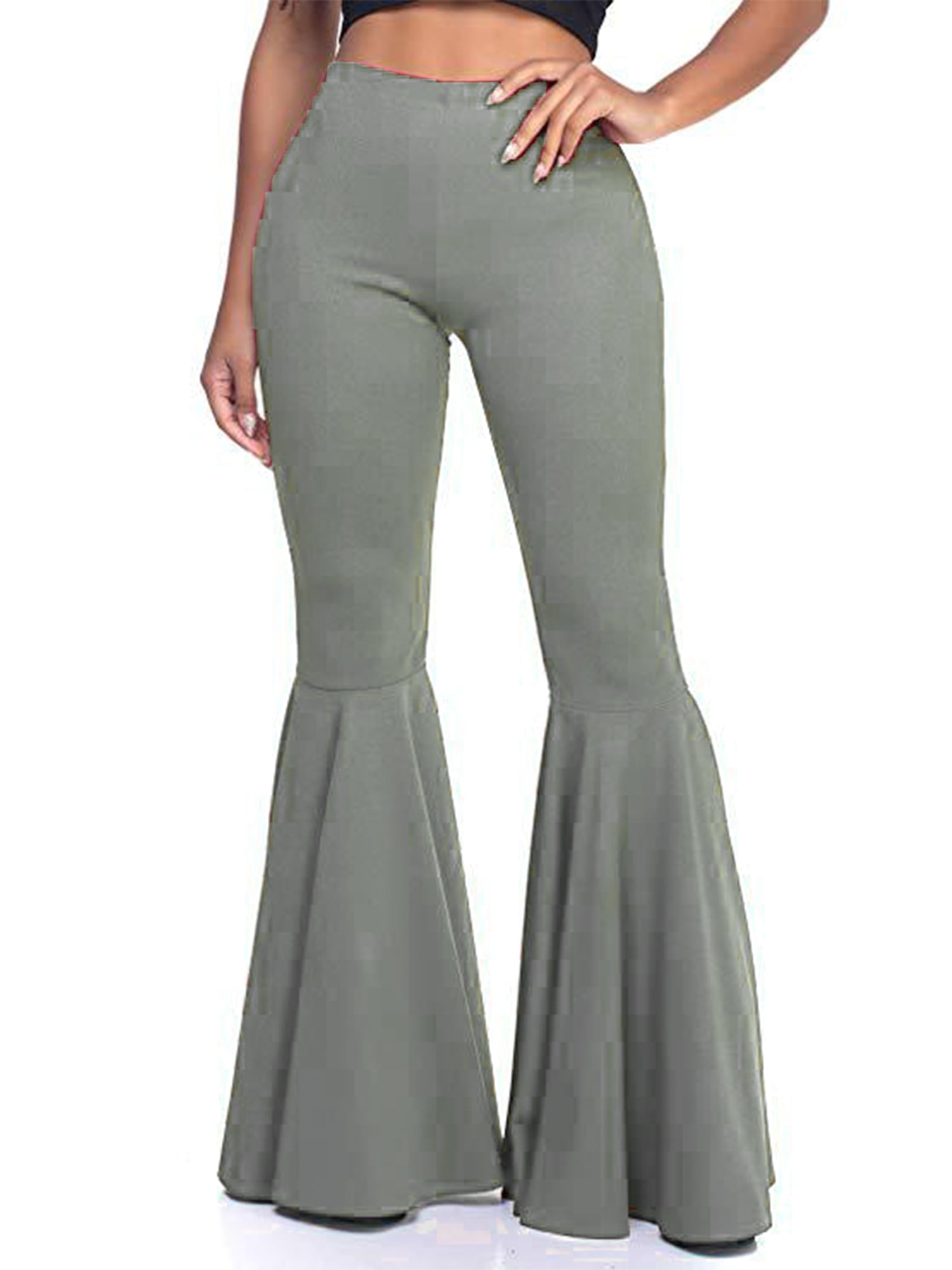 Women Casual Mid Waist Stretchy Bell-Bottom Long Trousers Loose Flare Dance Pant 
