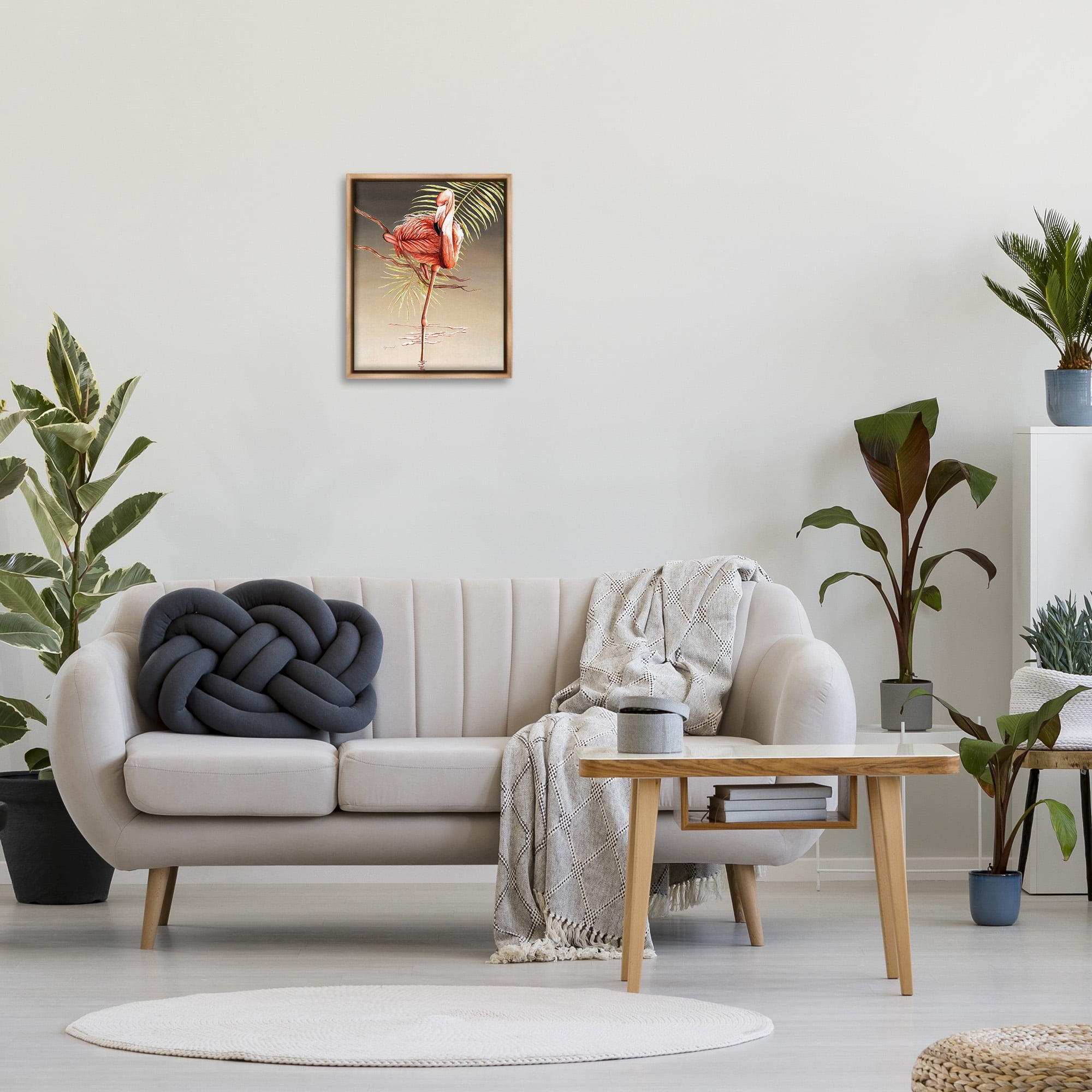 Stupell Industries Flamingo Balancing with Leaf Animals & Insects Painting Brown Floater Framed Canvas Art Print Wall Art, 17 x 21