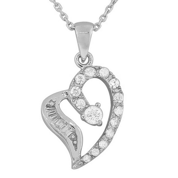 925 Sterling Silver Love Heart Charm Baguette Round White CZ Pendant Necklace