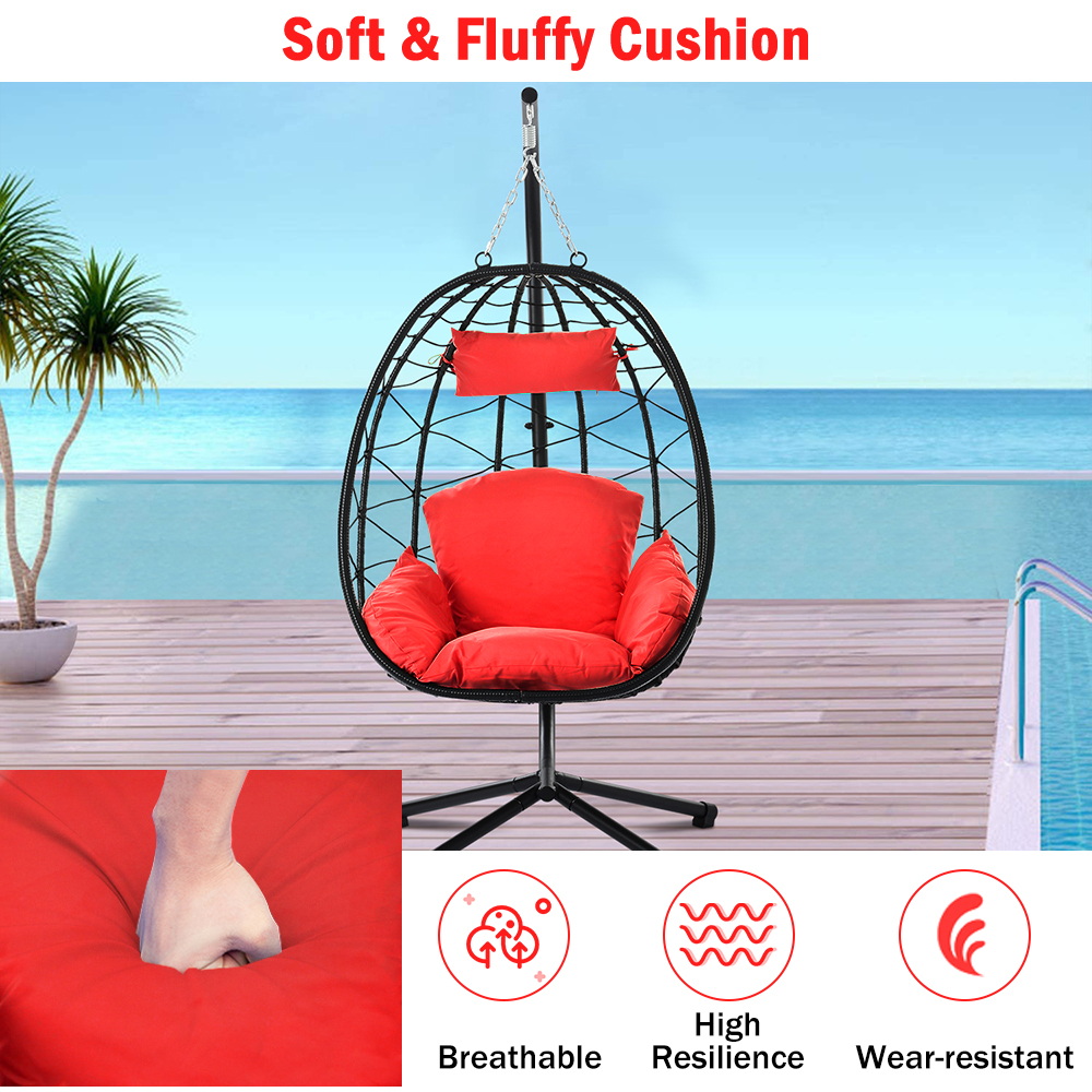 Hanging Wicker Egg Chair with Stand and Red Cushion, Heavy Duty Steel Frame Resin Wicker Hanging Chair, Outdoor Indoor UV Resistant Furniture Swing Chair with Headrest Pillow, 264lbs - image 5 of 13