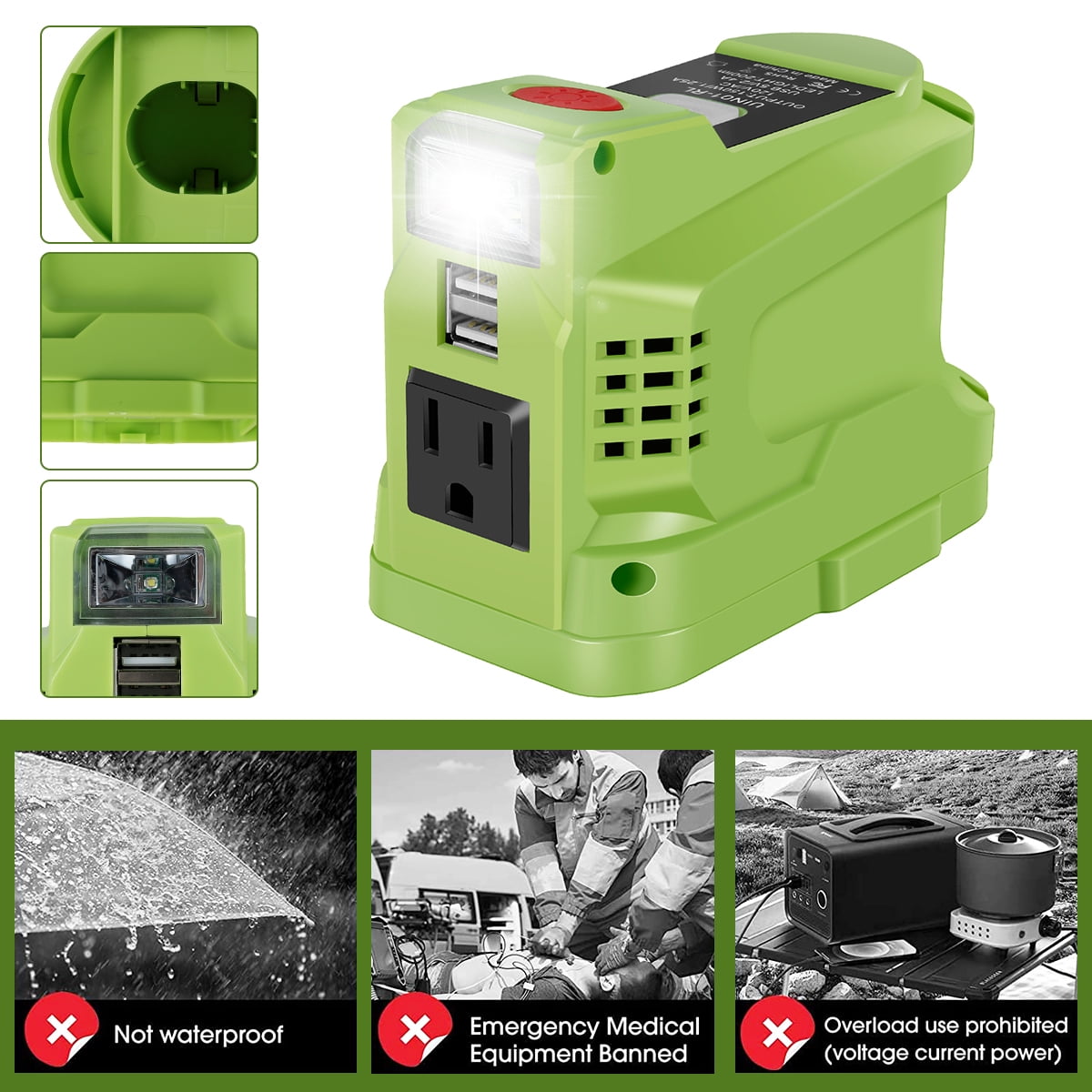 Wekvgz 150W Power Inverter Compatible with Ryobi 18V Battery Power Inverter 18V to 110V 120V Portable Station Supply Charger with AC Outlet and Dual USB Output LED Light for Outdoor Camping