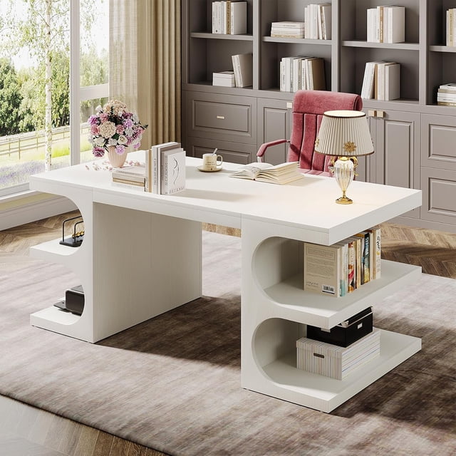 62" Large Computer Desk, Executive Office Desk with Storage Shelves