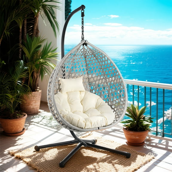 YIYADO Hanging Egg Chair with Stand, Rattan Swing Chair, Removable Cushion, Indoor Outdoor Use