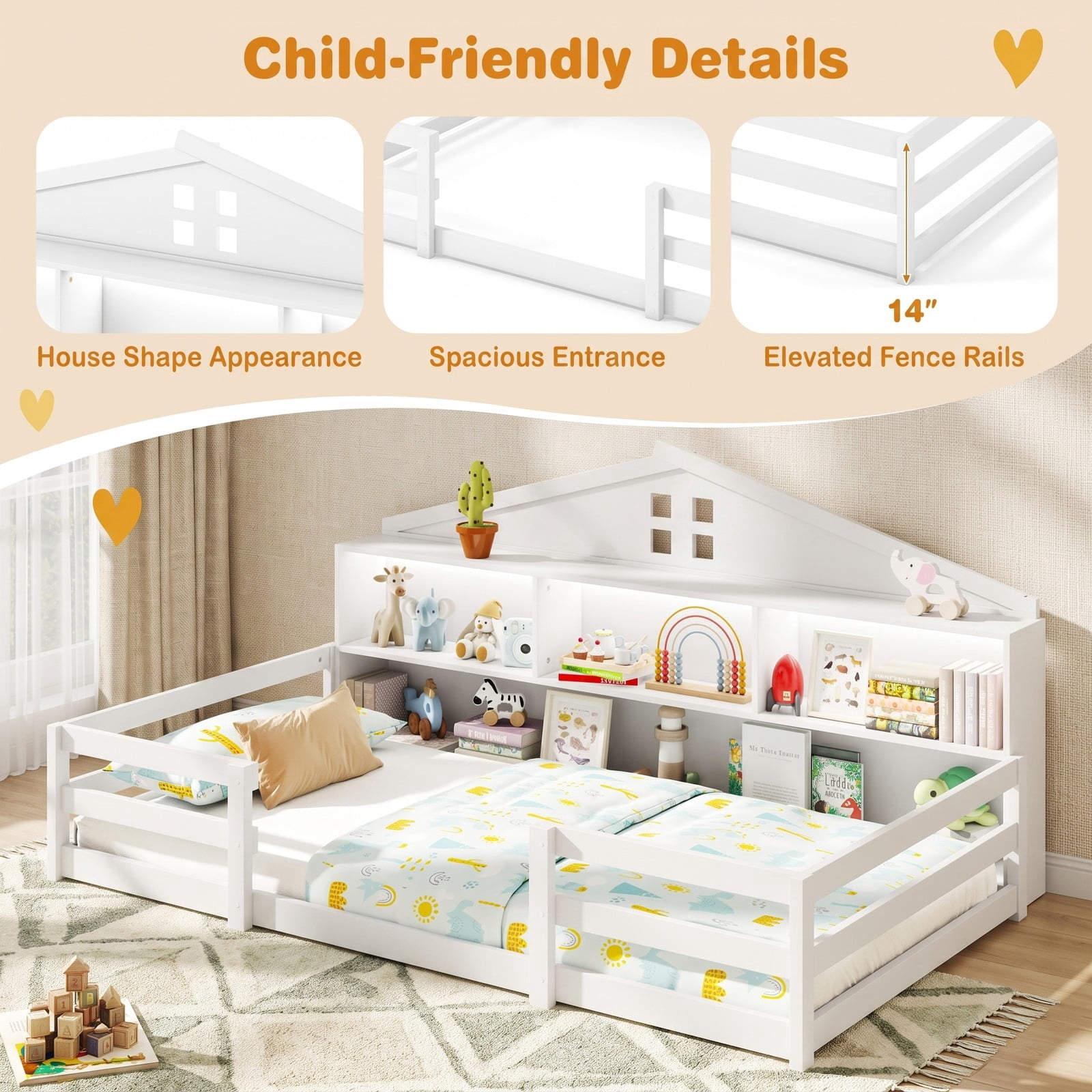 Furnibear Twin Bed Frame Montessori Floor Bed for Kids with House Headboard, Storage Compartments and Open Shelf, White