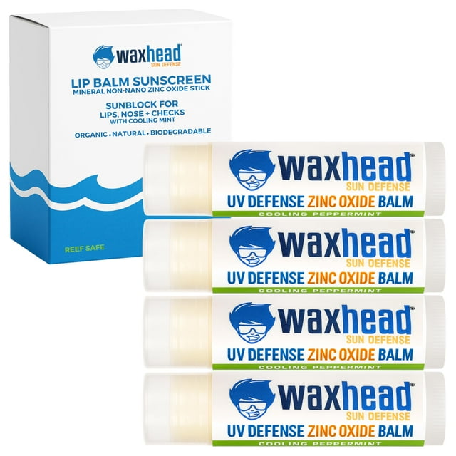 Bálsamo labial Waxhead de óxido de zinc: protector solar seguro para arrecifes de coral, protector labial resistente al agua con FPS, lanolina y manteca de karité, biodegradable (paquete de 4)