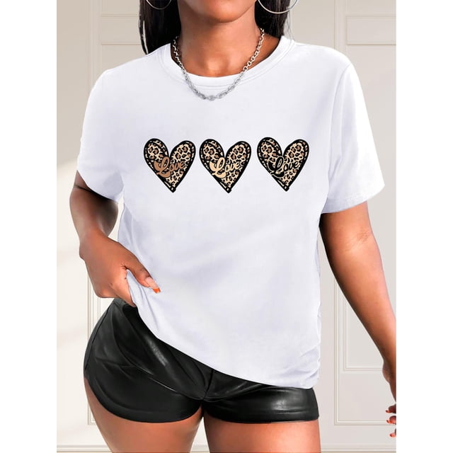 Women'S Casual Crew Neck T-Shirt with Leopard Print Heart Graphics, 100% Polyester Medium Stretch Fabric, Short Sleeve Tee for Spring/Summer/Fall - Black & Army Green Options