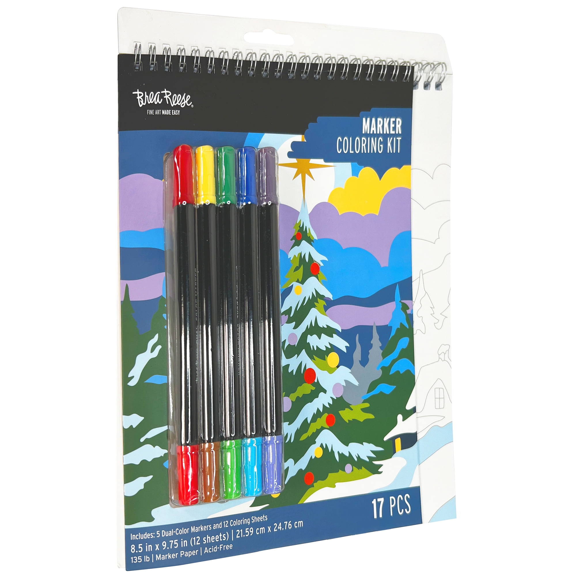 Brea Reese: Marker Coloring Kit - Christmas Tree - 5 Dual-Sided Markers, 12 Holiday-Themed Coloring Pages, Festive Spiral-Bound Art Pad, Adult Craft