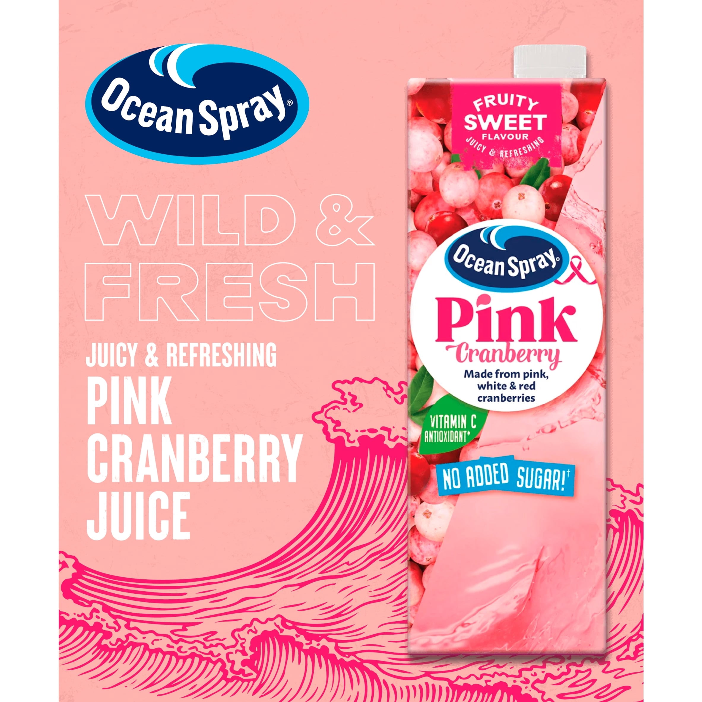 Ocean Spray No Added Sugar Pink Cranberry Juice Drink 1 Litre, Imported from Britain