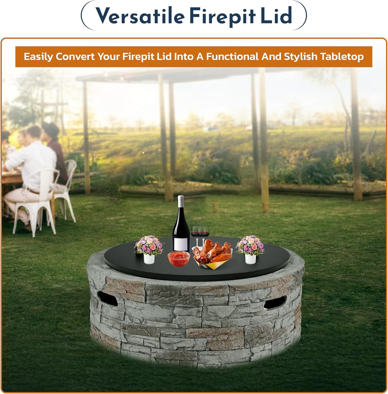 FEBTECH 22.5" Firepit Lid Cover Compatible for 22.1 Smokeless Fire Pit with Dual Wooden Handles