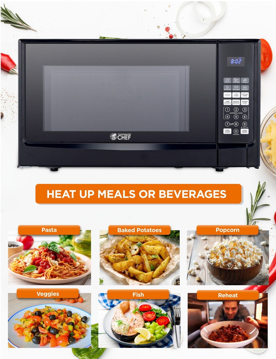 Commercial Chef 1.4 Cubic Foot Microwave with 10 Power Levels, Small Microwave with Push Button, 1100 Watt Microwave with Digital Control Panels