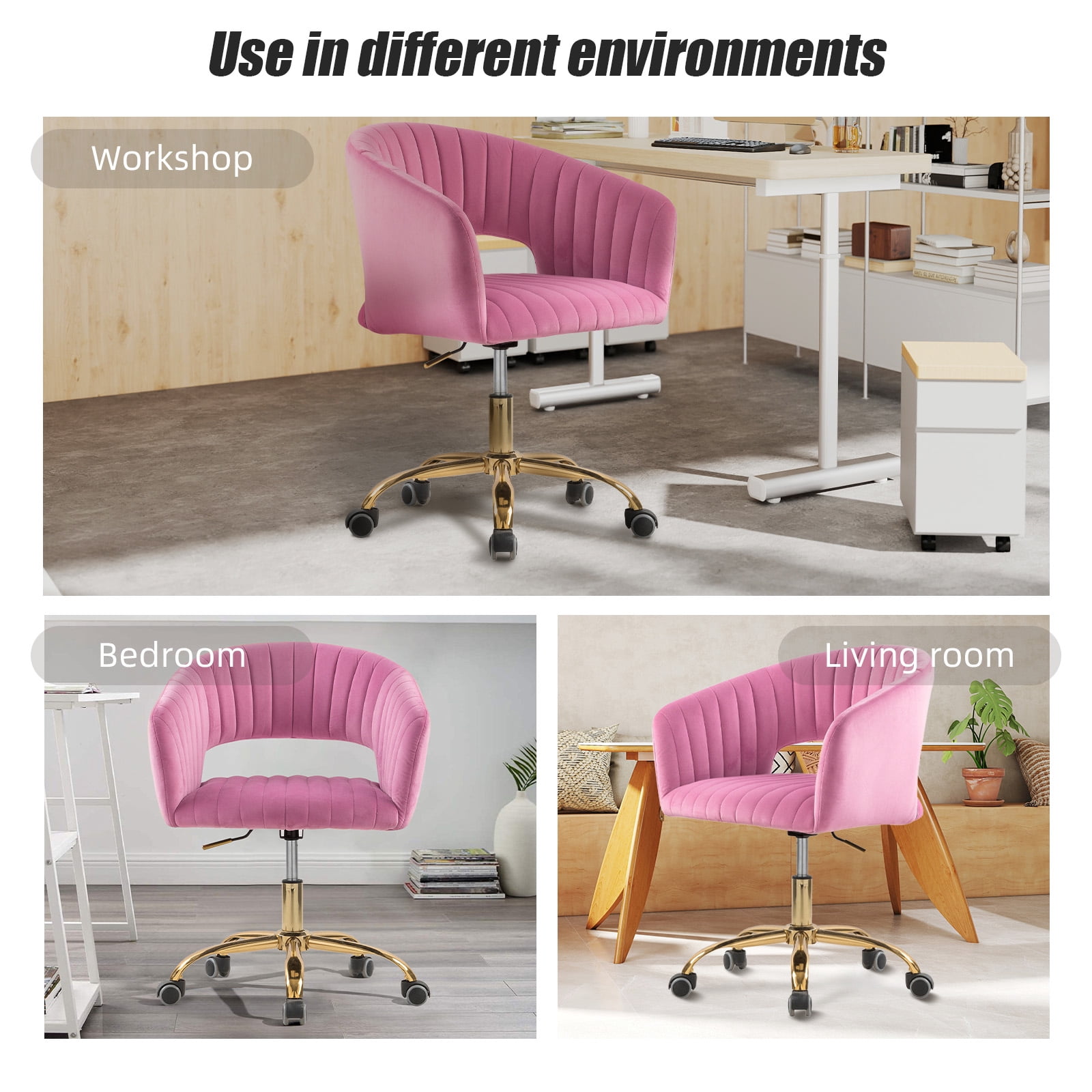 MOONMISS Velvet Upholstered 360°Swivel Adjustable Height Modern Home Office Chair With Golden Legs-Pink