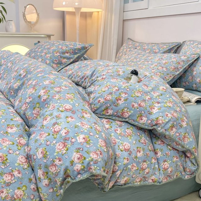 INS Girls Cherry Bedding Set Soft Washed Cotton Bed Sheet Queen King Size Simple Quilt Cover Pillowcase Bed Linens
