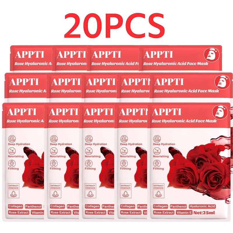 20PCS APPTI Rose Hyaluronic Acid Face Mask – Hydrating & Soothing Treatment with Rose Extract for Plump, Nourished & Calm Skin with a Dewy, Healthy Glow.