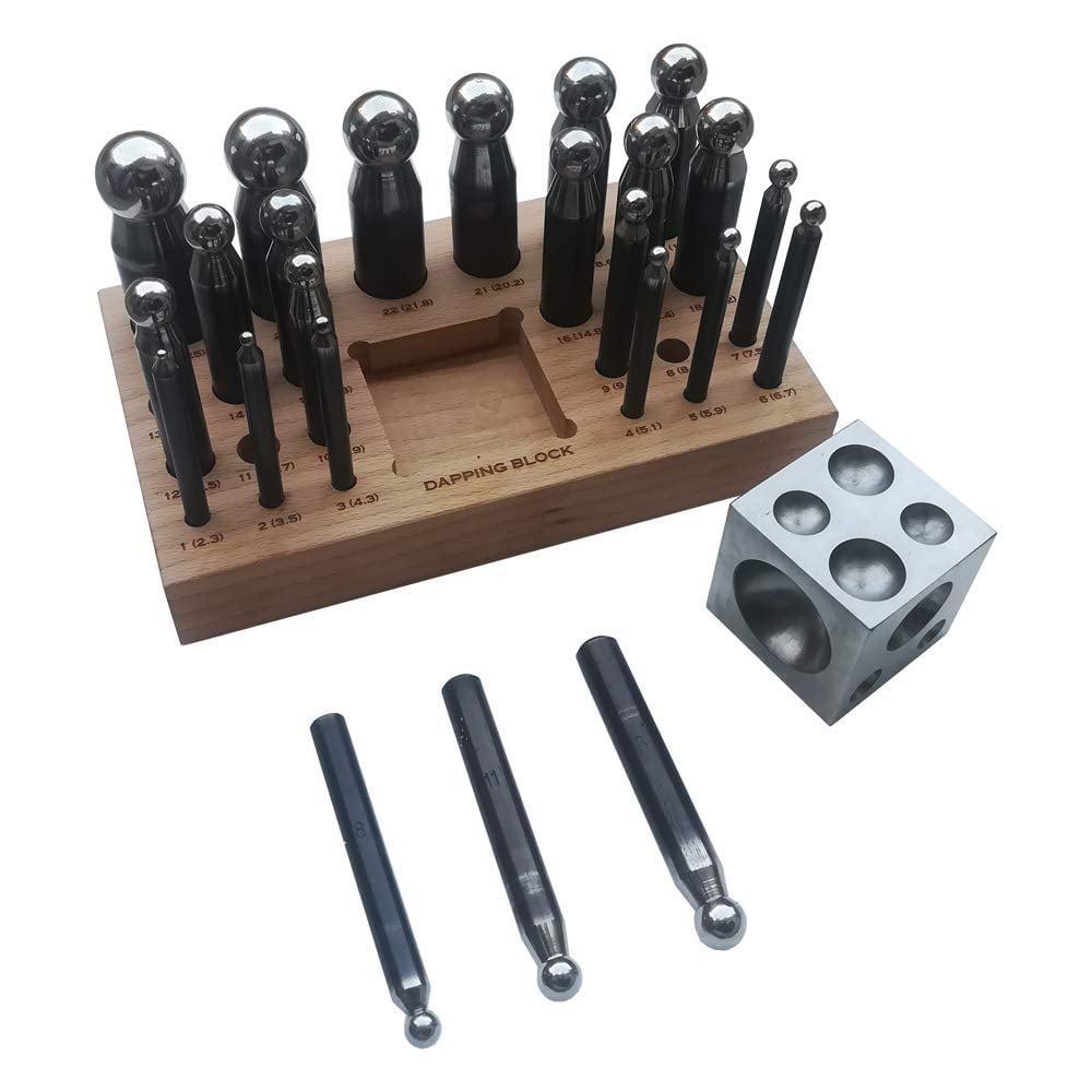26 Piece Dapping Doming Punch Block Set 2.3mm to 25mm & Wooden Base
