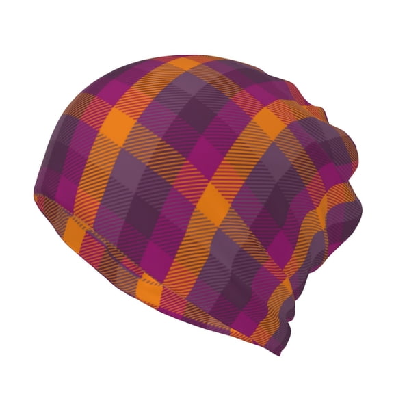 Rateoe Orange and Purple Plaid Cotton Slouchy Beanie Hat for Men/Women,Lightweight Oversize Large Thin Skull Cap Night Sleeping Cap