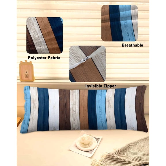 Blue Brown Farmhouse Throw Pillow Covers, Vintage Retro Wooden Soft Breathable Pillow Cases with Invisible Zipper for Sleeping, Long Body Pillowcases for Couch Bed Sofa Chair 20x54 Inches