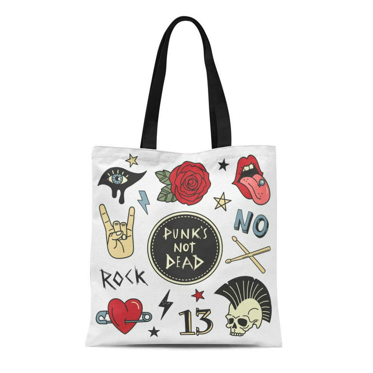 SIDONKU Canvas Tote Bag Punk Patches Collection of and Rock Music