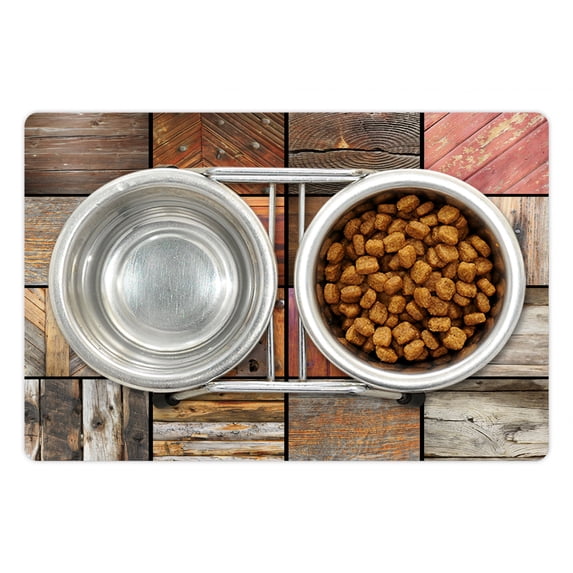 Antique Pet Mat for Food and Water, Assortment of Different Wooden Architecture Elements Timber Door Key Print, Non-Slip Rubber Mat for Dogs and Cats, 18" X 12", by Ambesonne