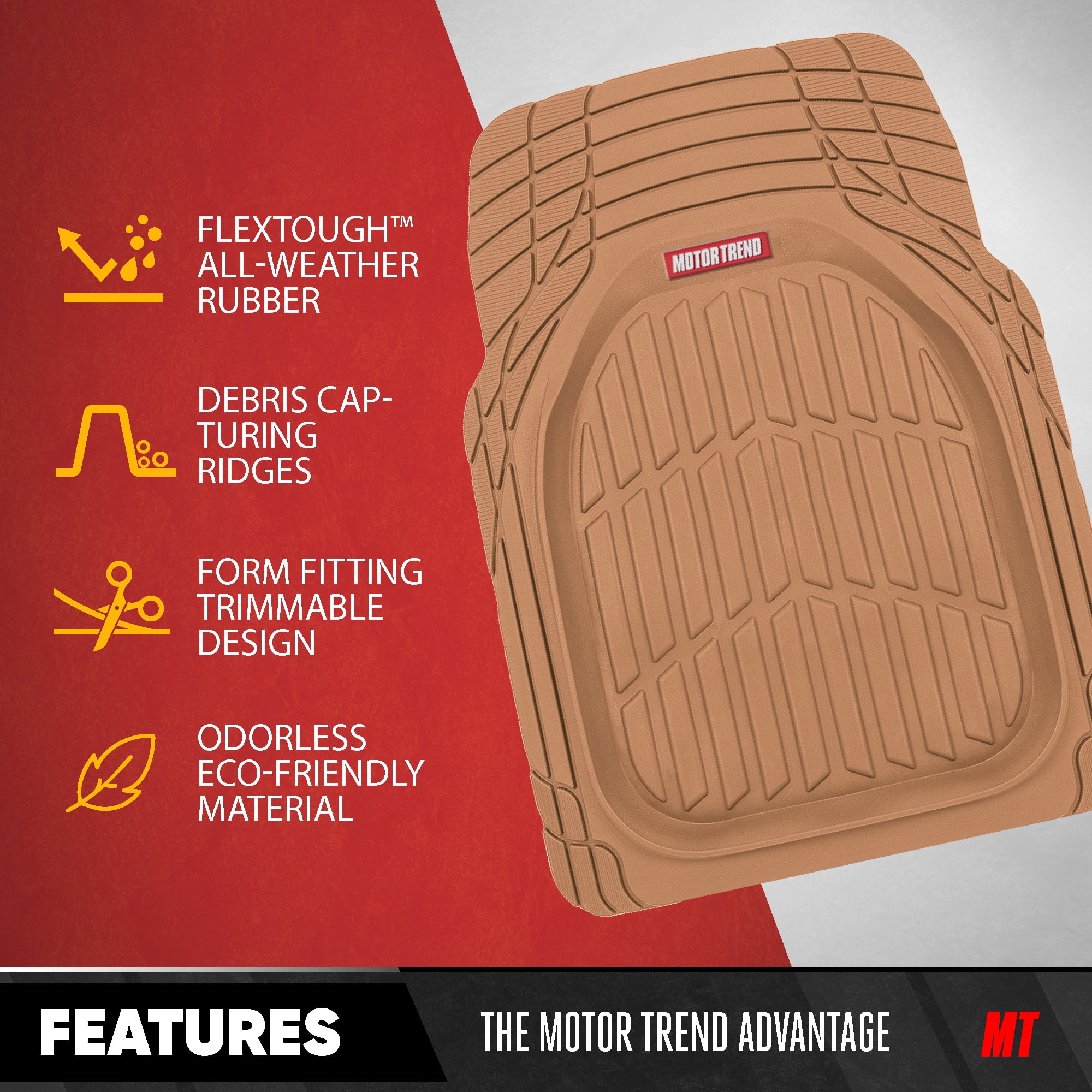 FlexTough Contour Liners Deep Dish 3 pc Rubber Floor Mats with Traction Grips Car Accessories (Beige)