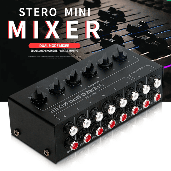 RIWPKFH Mini Stereo 6 Channel Passive Mixer RCA Portable Audio Mixer 6 In 2 Out Stereo Distributor Volume Control No Battery Required