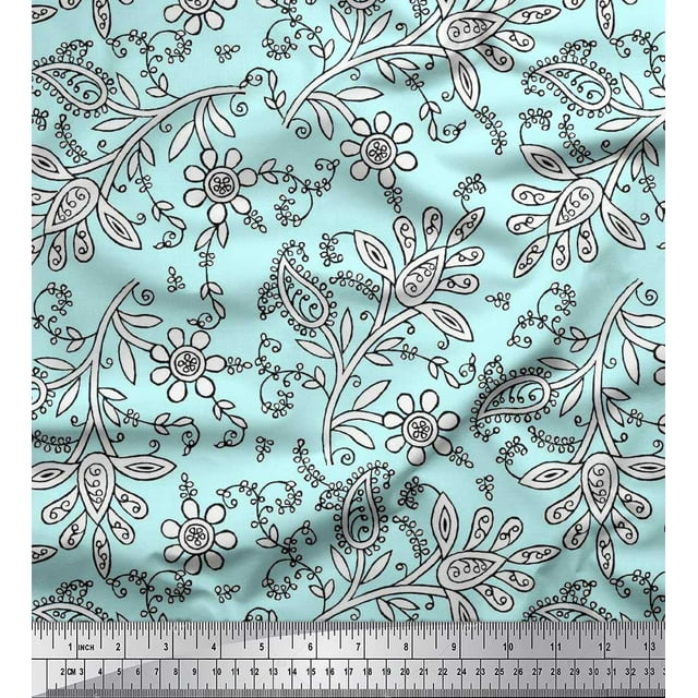 Soimoi Modal Satin Fabric Leaves & Floral Block Print Fabric by The Yard 42 Inch Wide